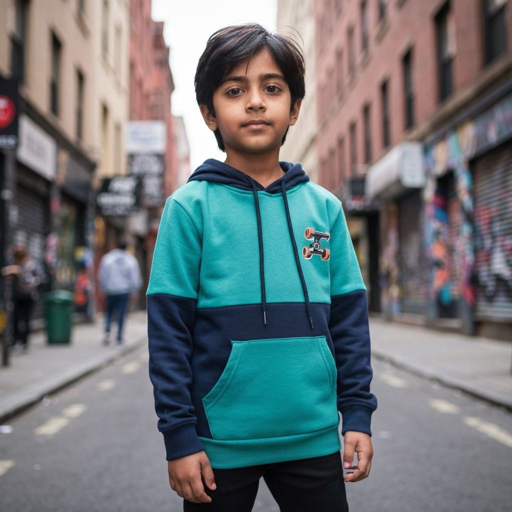 Kid in stylish streetwear hoodie