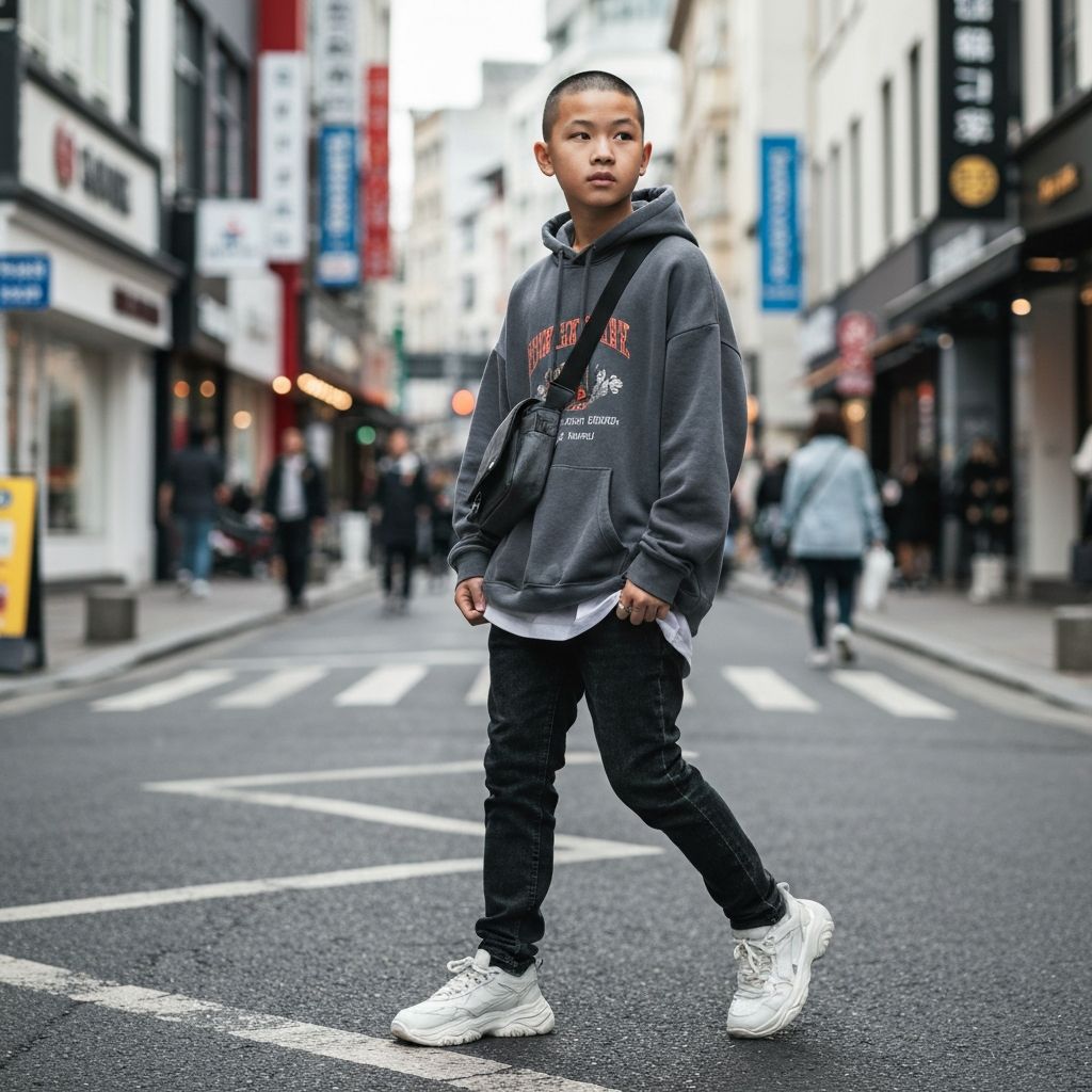 Kid in stylish streetwear hoodie
